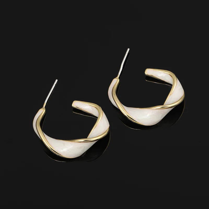 Elegant French White Enamel Spiral C Hoop Alloy Stud & Clip On No Piercing Statement Earrings