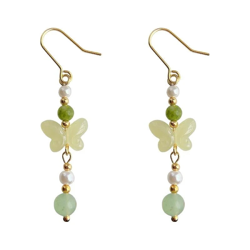New Chinese Style Butterfly Drop Earrings Glass Crystal Pearl Jade Long Handmade Designer Jewelry
