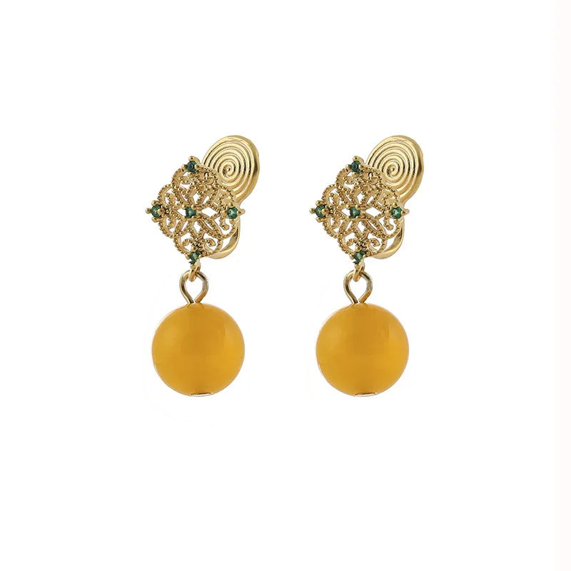 Vintage Gold Alloy Filigree Spiral Yellow Agate Bead Drop Stud & Clip On No Piercing Earrings