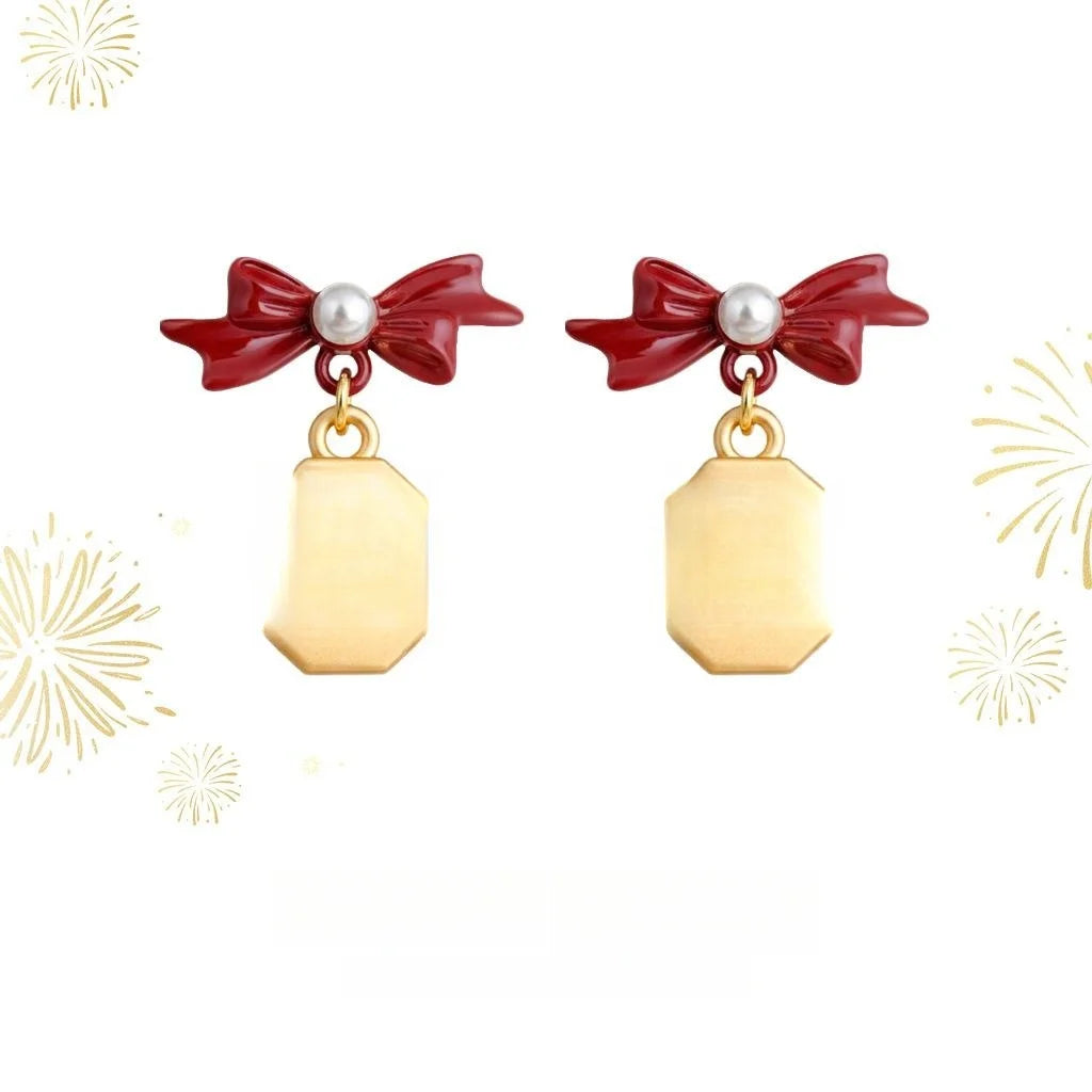 Matte Bow Drop Earrings Eco-Friendly Copper Chinese New Year Horse Lucky Geometric Jewelry