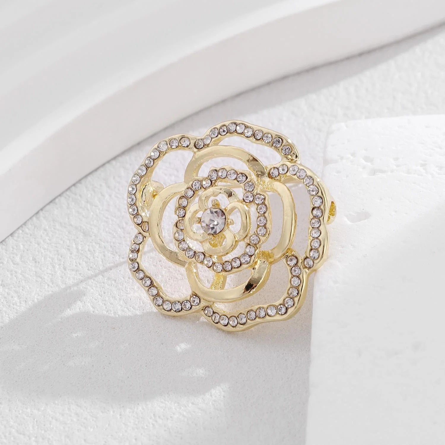 Elegant Gold Tone Rhinestone Camellia Flower Hollow Brooch, Luxury Women's Lapel Pin Corsage Suit Accessory Gift