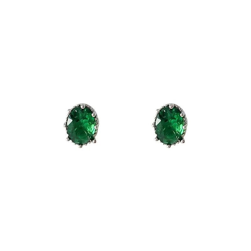 Mini Emerald Green Oval Zircon Pave Copper Stud Earrings With Silver Plated Pins