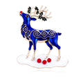 Cute Blue Enamel Christmas Reindeer Brooch With Gold Alloy Antlers, Festive Lapel Pin Corsage Gift