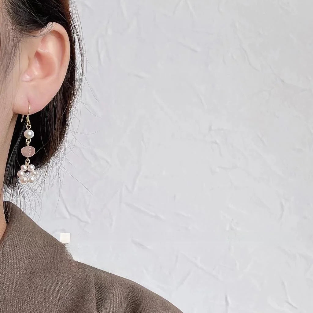 Handmade Freshwater Pearl Strawberry Quartz Geometric Asymmetric Pastoral Drop Earrings