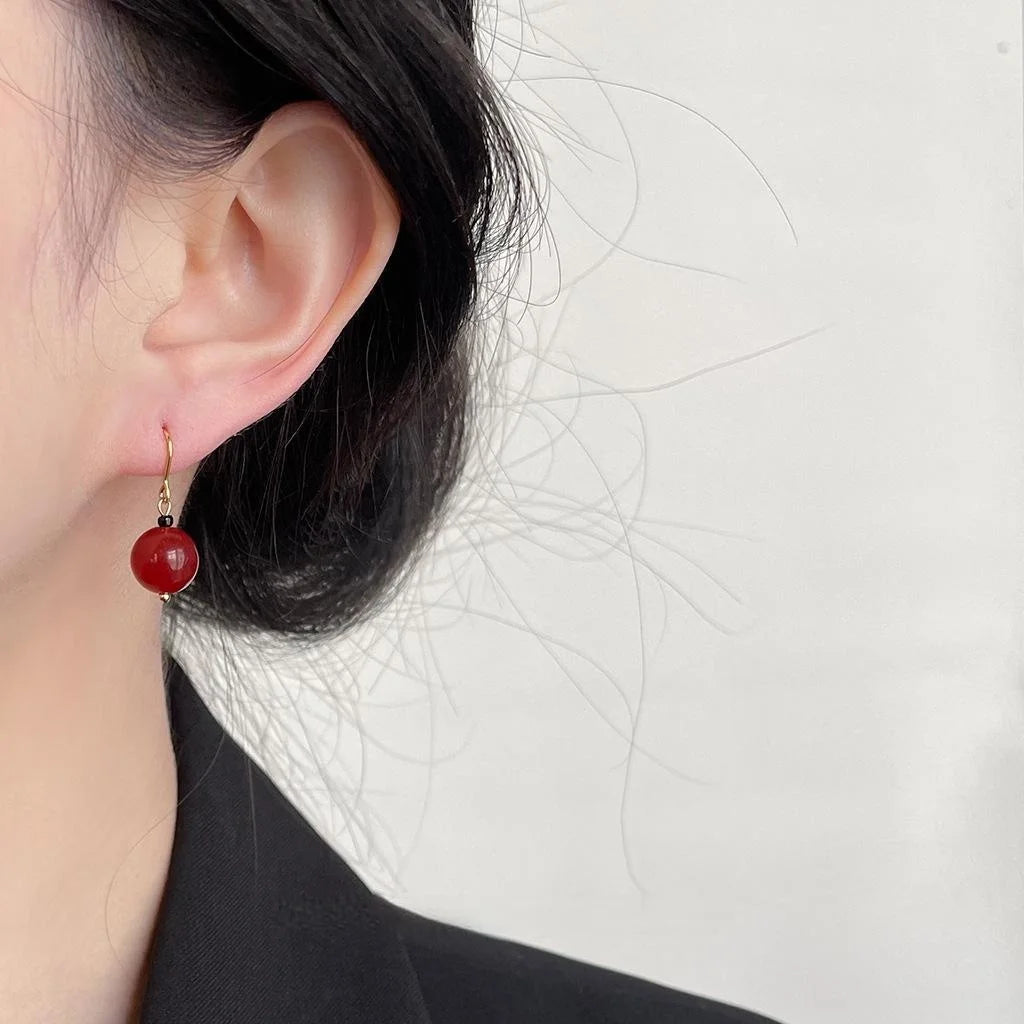 Handmade New Chinese Vintage Palace Style Red And Green Agate Round Geometric Drop Earrings