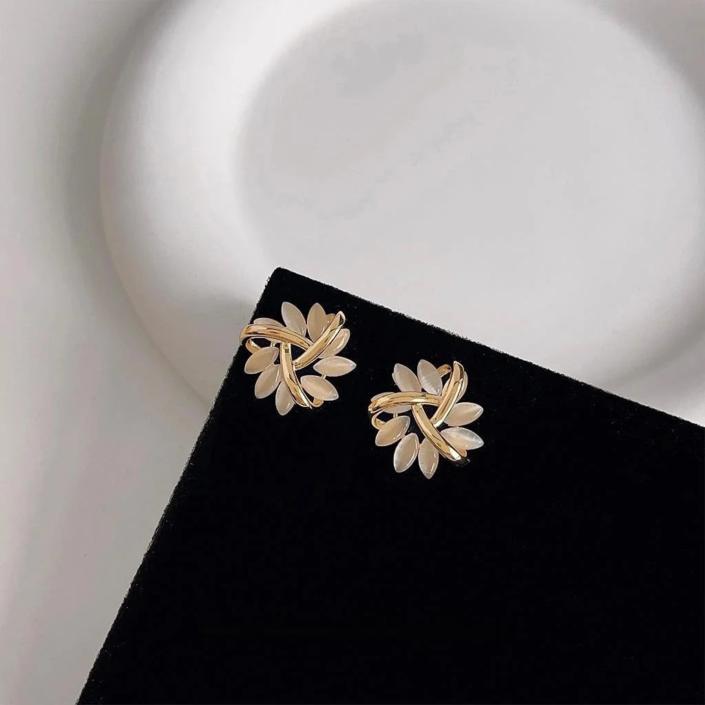 Elegant 14K Plated Copper Glass Cat Eye Stone Flower Petal Stud Earrings For Women