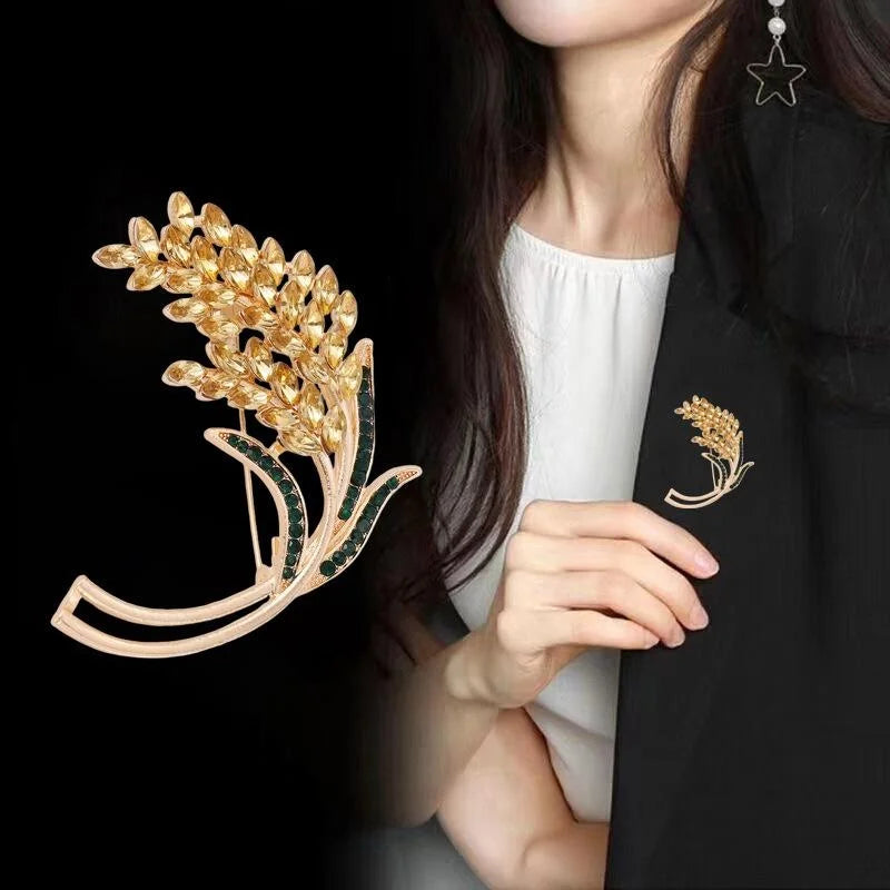 Luxury Wheat Sheaf Alloy Brooch With Gold Rhinestone Leaves, Elegant Lapel Pin Corsage Suit Accessory