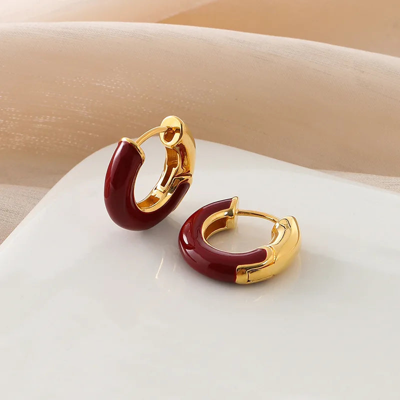 Vintage Red Enamel Gold Alloy Chunky Hoop Stud & Clip On No Piercing New Year Statement Earrings