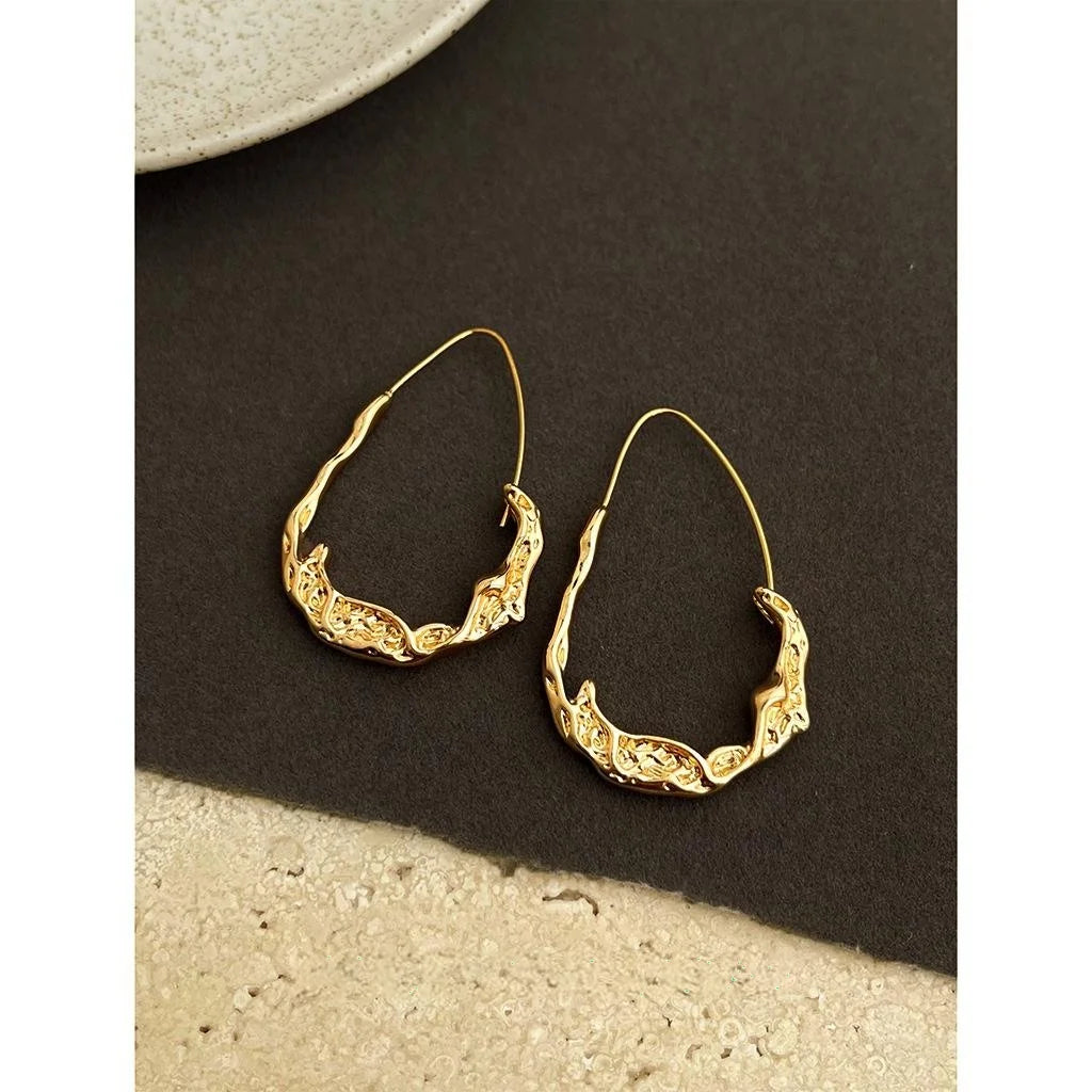 Copper Gold Plated Irregular Waterdrop Hoop Earrings With Wrinkled Texture Minimalist Luxury Style