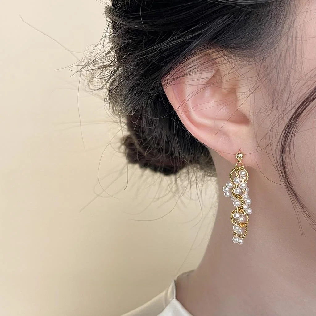 French Vintage Handmade Beaded Tassel Chain Drop Earrings With Copper
