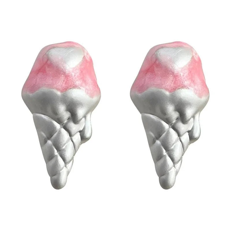 Cute Pink Melting Ice Cream Cone Copper Drop Earrings, Korean Summer Sweet Novelty Jewelry