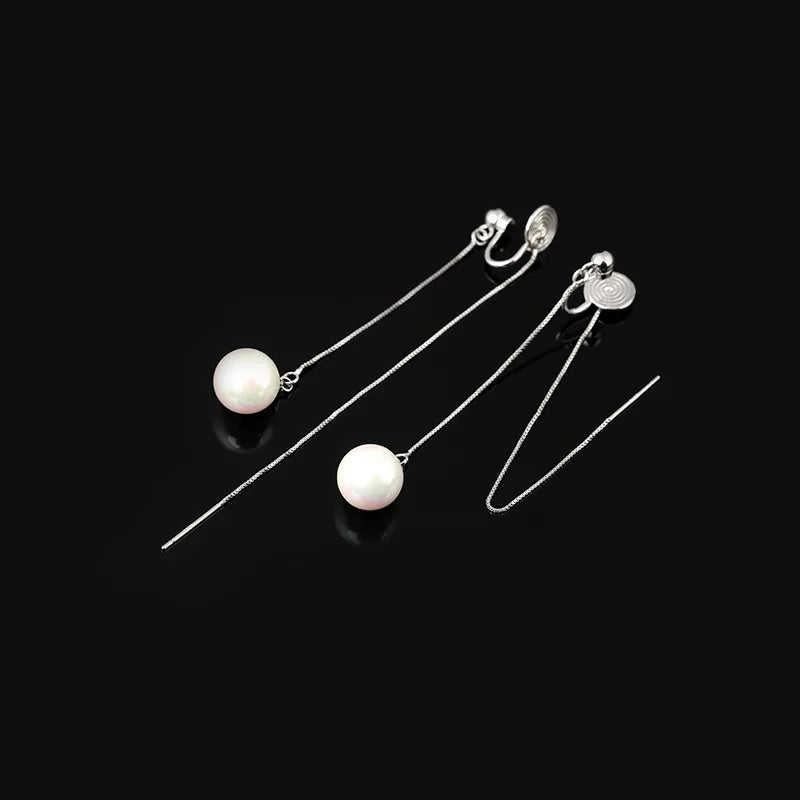 Elegant Long Pearl Threader Tassel Chain Stud & Clip On No Piercing Face Slimming Drop Earrings