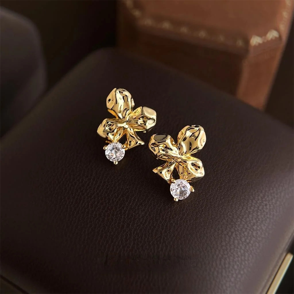 Light Luxury Plum Blossom Micro Pave Zircon Copper Stud Earrings With 14K Plated