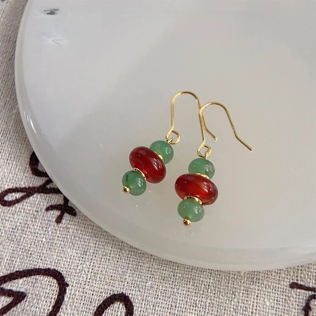 New Chinese Style Handmade Green Aventurine Natural Stone Geometric Round Drop Earrings