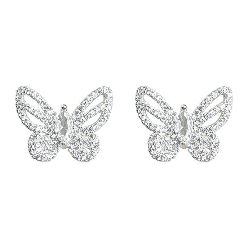 Full Zircon Sparkly Butterfly Stud Earrings Light Luxury Copper Silver Plated Ear Jewelry