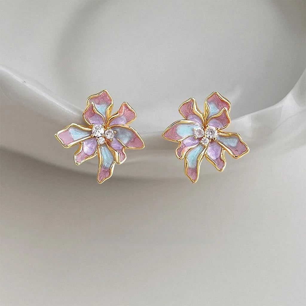 Spring Sweet Floral Enamel Drop Earrings, Copper Zircon Painted Petal