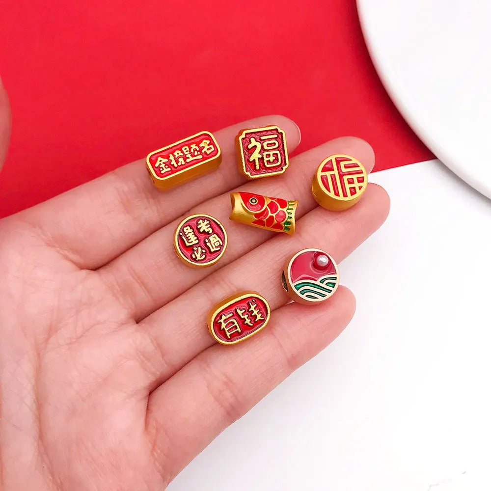 Zinc Alloy Fu Character Lucky New Year Large Hole Spacer Beads for DIY Bracelet Necklace