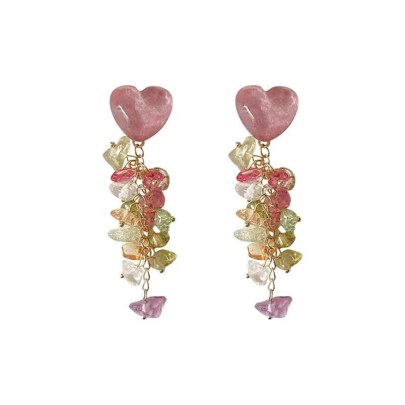 High Quality Heart Tassel Crushed Stone Clip On Drop Earrings For Women Vacation Style