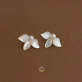 14K Gold Plated Copper Real Shell Iris Flower Leaf Stud Earrings Elegant Light Luxury Jewelry
