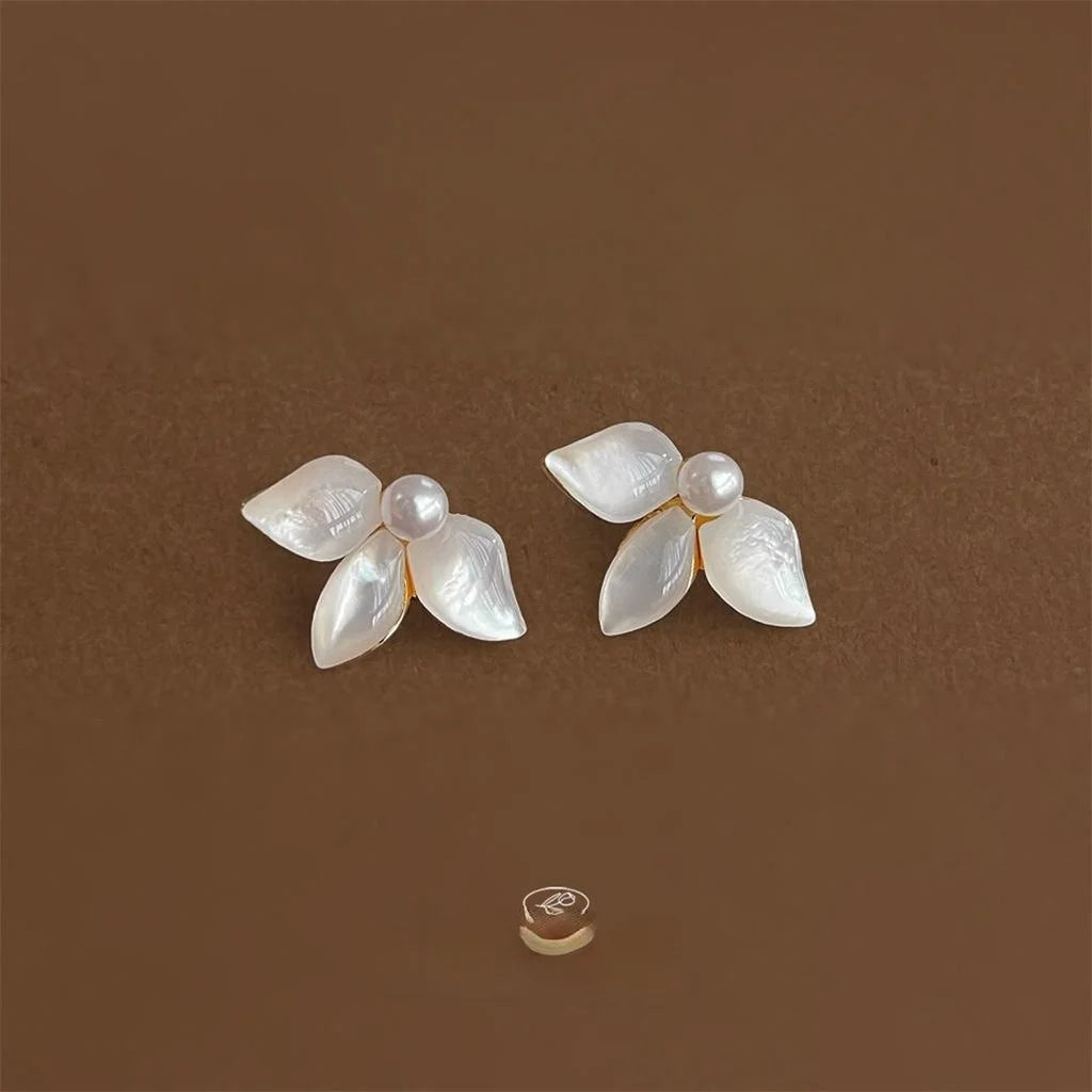 14K Gold Plated Copper Real Shell Iris Flower Leaf Stud Earrings Elegant Light Luxury Jewelry