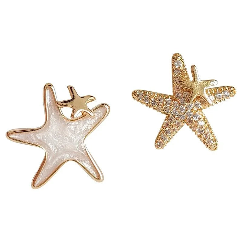 Sweet Asymmetric Starfish Stud Earrings With Micro Pave Zircon, 14K Plated Copper