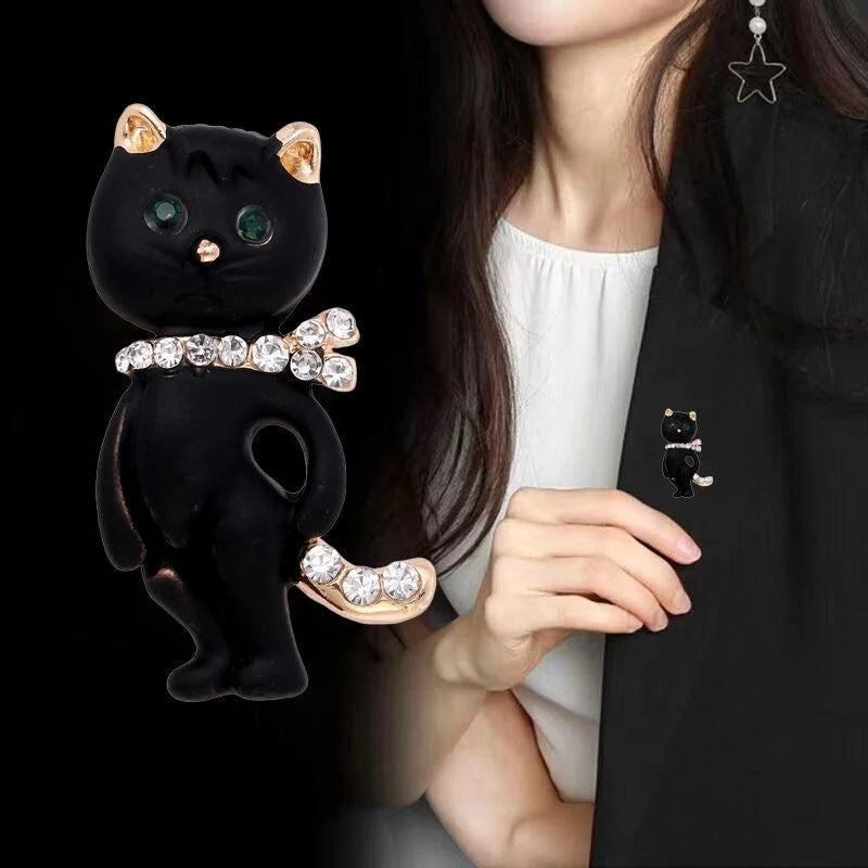 Elegant Black Cat Enamel Brooch With Rhinestone Collar, Cute Animal Lapel Pin Corsage Suit Accessory Gift