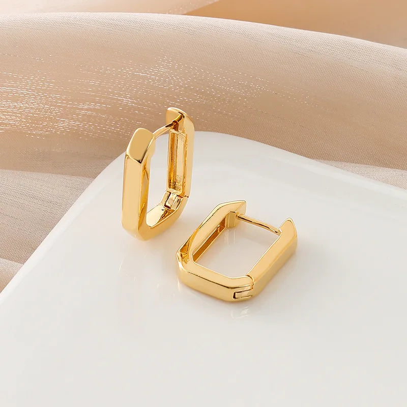 Elegant Geometric Square Gold Alloy Hoop Stud & Clip On No Piercing Screw Back Women's Earrings
