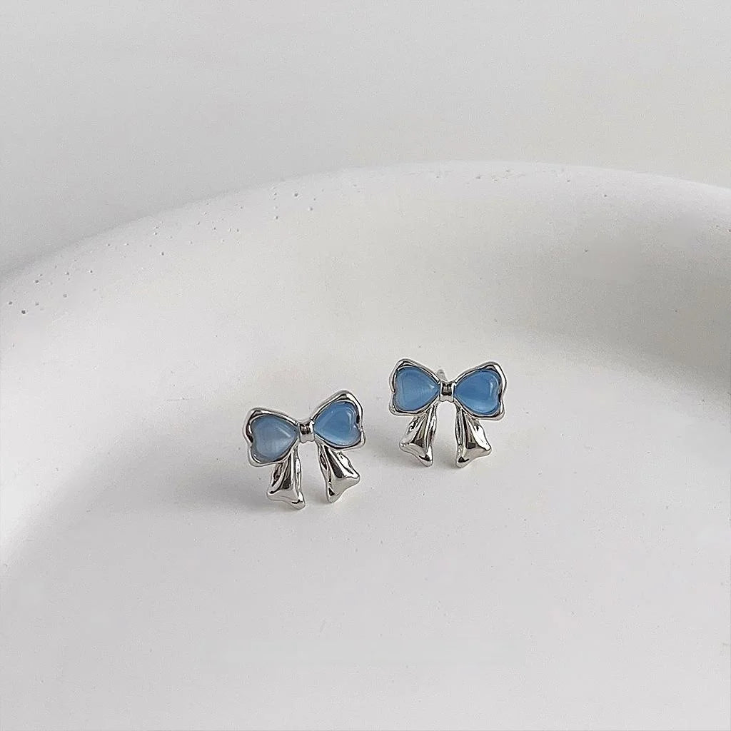 Mini Blue Glass Cat Eye Bow Stud Earrings, Silver Plated Cute Fresh Style