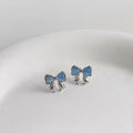 Mini Blue Glass Cat Eye Bow Stud Earrings, Silver Plated Cute Fresh Style