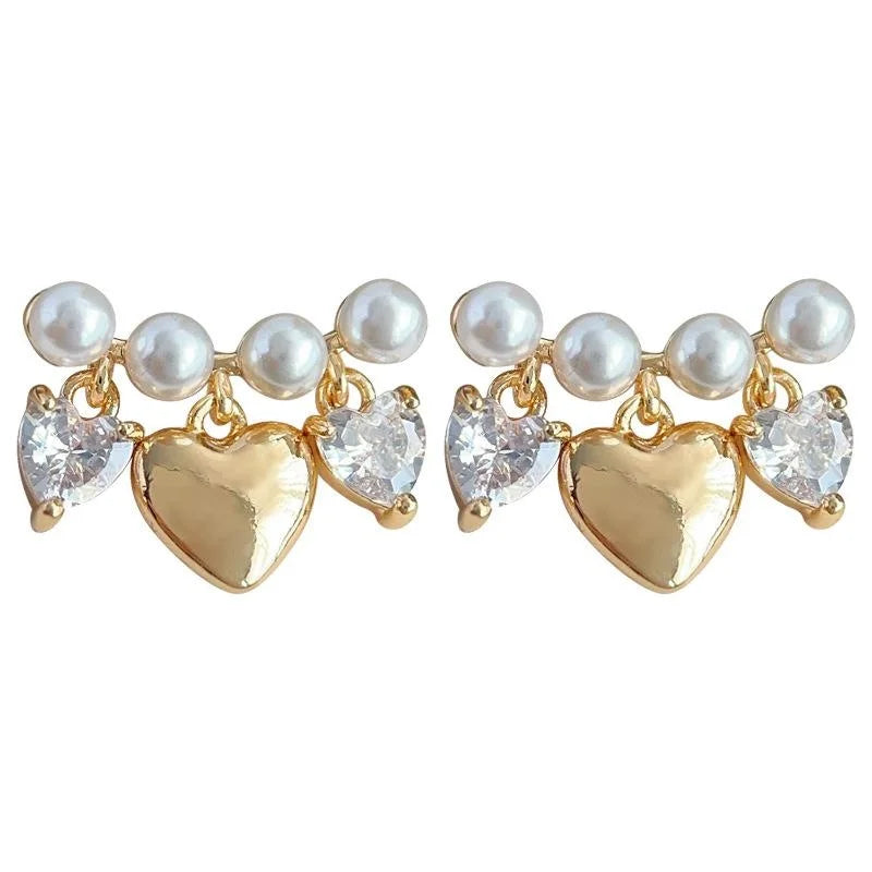 Light Luxury Curved Pearl Heart Stud Earrings Micro Pave Zircon Copper Silver Plated Posts