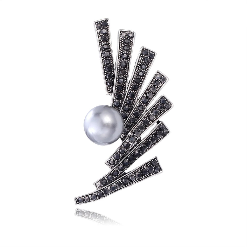 Vintage Gunmetal Fan Flower Brooch With Gray Pearl And Black Rhinestones, Elegant Lapel Pin Gift