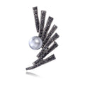 Vintage Gunmetal Fan Flower Brooch With Gray Pearl And Black Rhinestones, Elegant Lapel Pin Gift