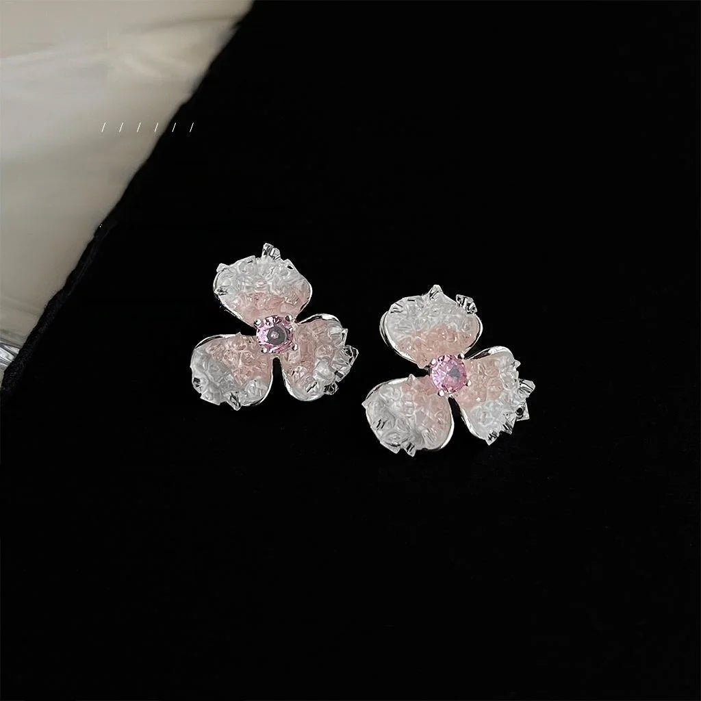 Sweet Pink Gradient Sakura Glass Crystal Zircon Micro Pave Copper Stud Earrings