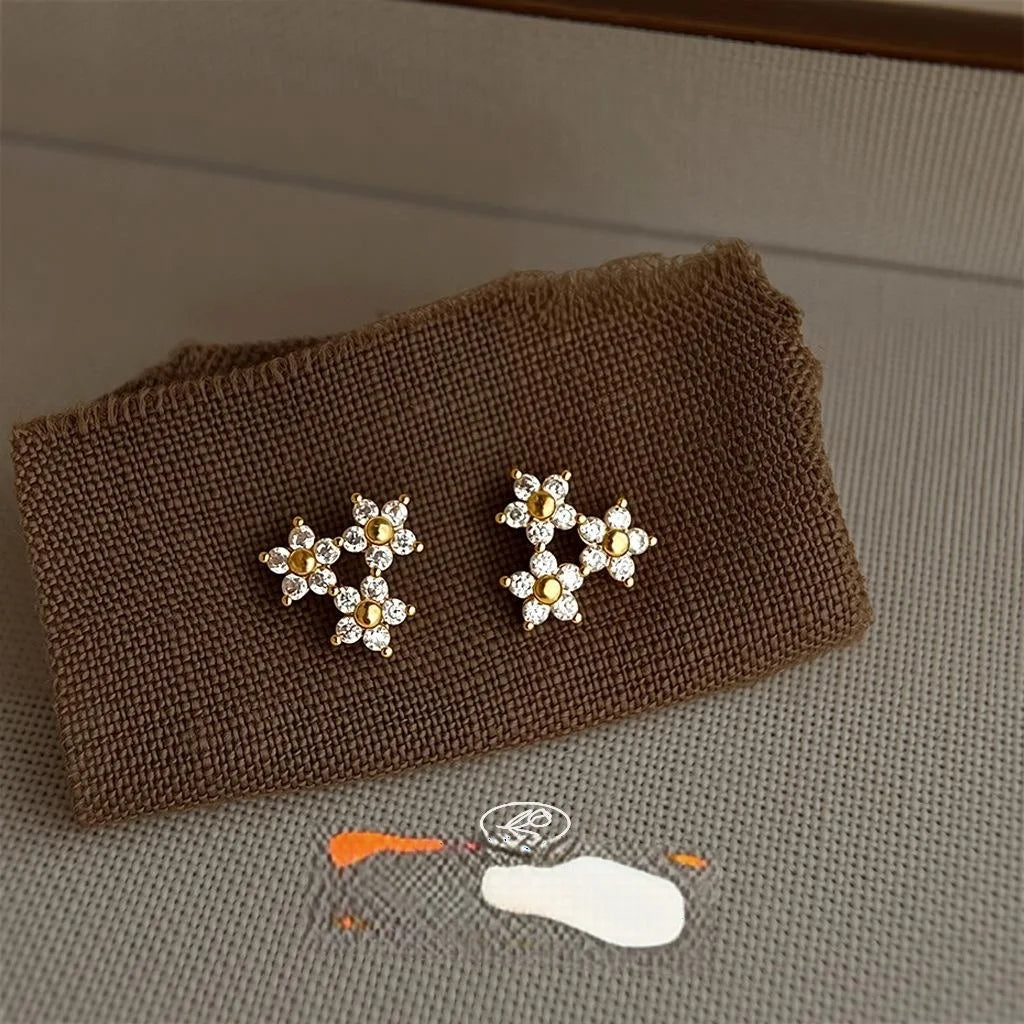 18K Gold Plated Copper Micro Pave Zircon Mini Flower Stud Earrings