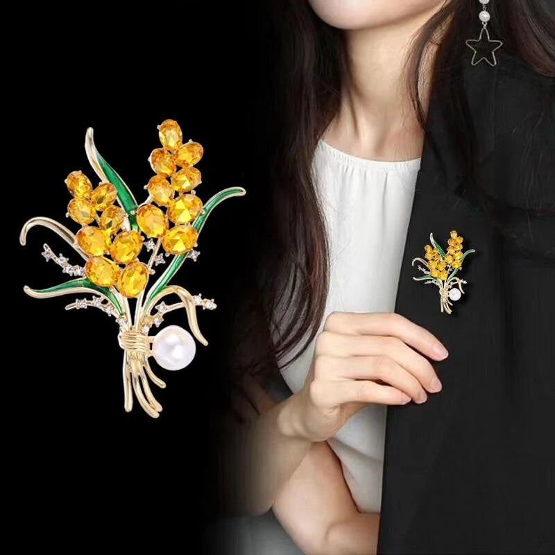 Elegant Wheat Bouquet Brooch With Pearl, Amber Rhinestone And Green Enamel Lapel Pin Suit Accessory Gift