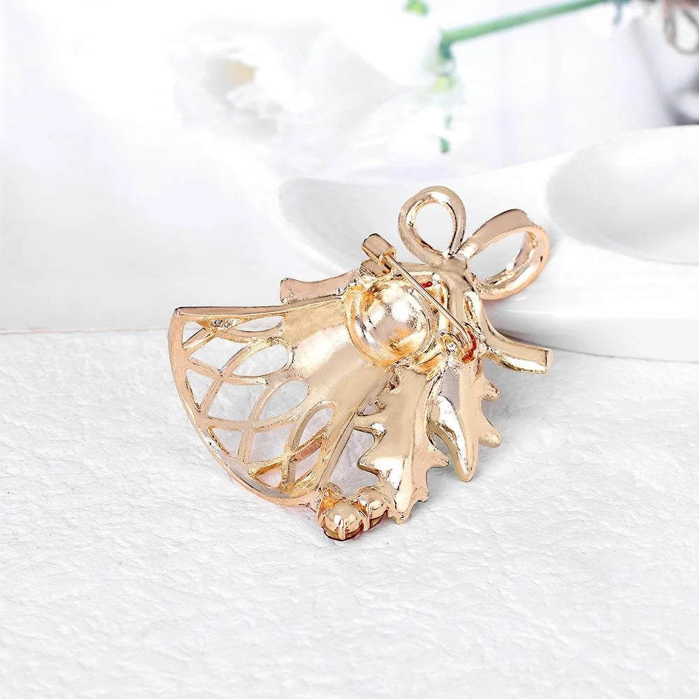 Elegant Christmas Bell Brooch With Enamel Holly Bow And Rhinestones, Alloy Lapel Pin Corsage Gift