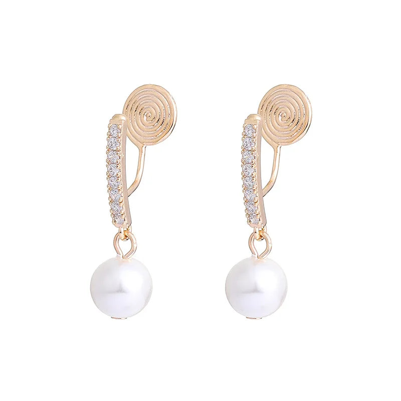 Elegant Spiral Disc Zircon Bar Pearl Drop Stud & Clip On No Piercing Alloy Tassel Earrings