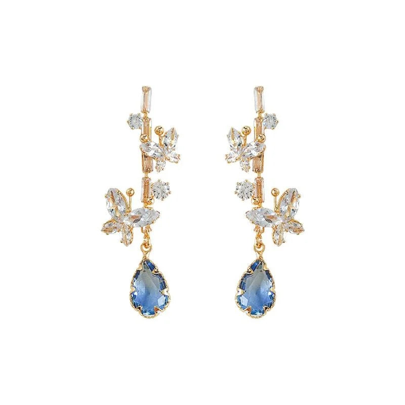 14K Plated Copper Butterfly Waterdrop Zircon Glass Crystal Stud Earrings