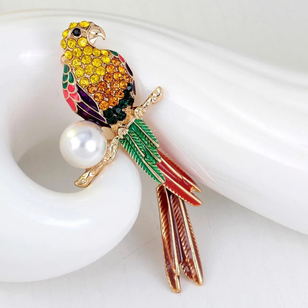 Elegant Crystal Rhinestone Enamel Parrot Brooch With Pearl, Luxury Women's Lapel Pin Corsage Suit Accessory Gift