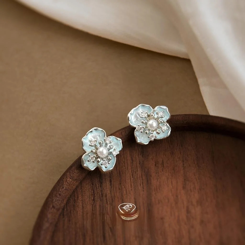 Fresh Sweet Minimalist 3D Blue Flower Stud Earrings Copper Hand Painted Zircon Jewelry