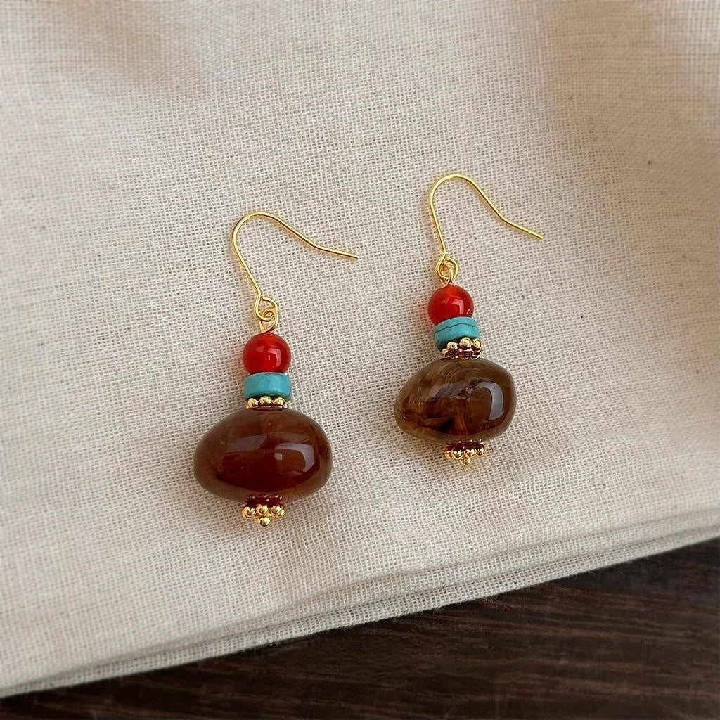 Vintage Maillard Style Handmade Teardrop Drop Earrings With Copper, Red Agate And Turquoise Resin