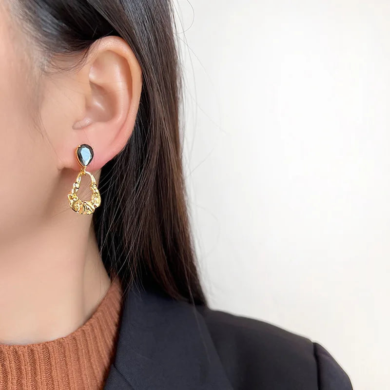 Vintage Wrinkled Gold Alloy Hoop Drop With Black Crystal Stud & Clip On No Piercing Earrings