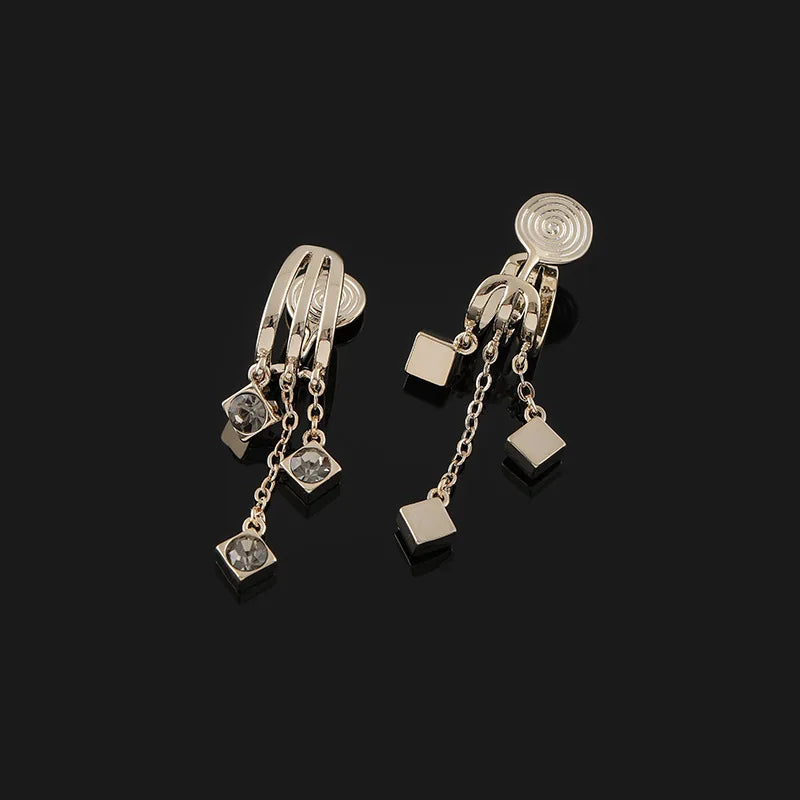French Vintage Gold Alloy Rhinestone Square Charm Chain Tassel Stud & Clip On No Piercing Earrings