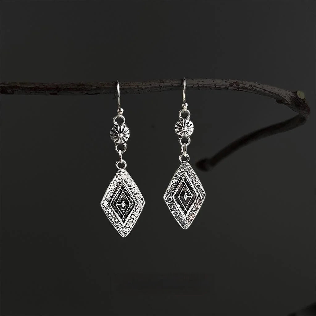 Vintage New Chinese Style Geometric Rhombus Pattern Eco-Friendly Copper Drop Earrings
