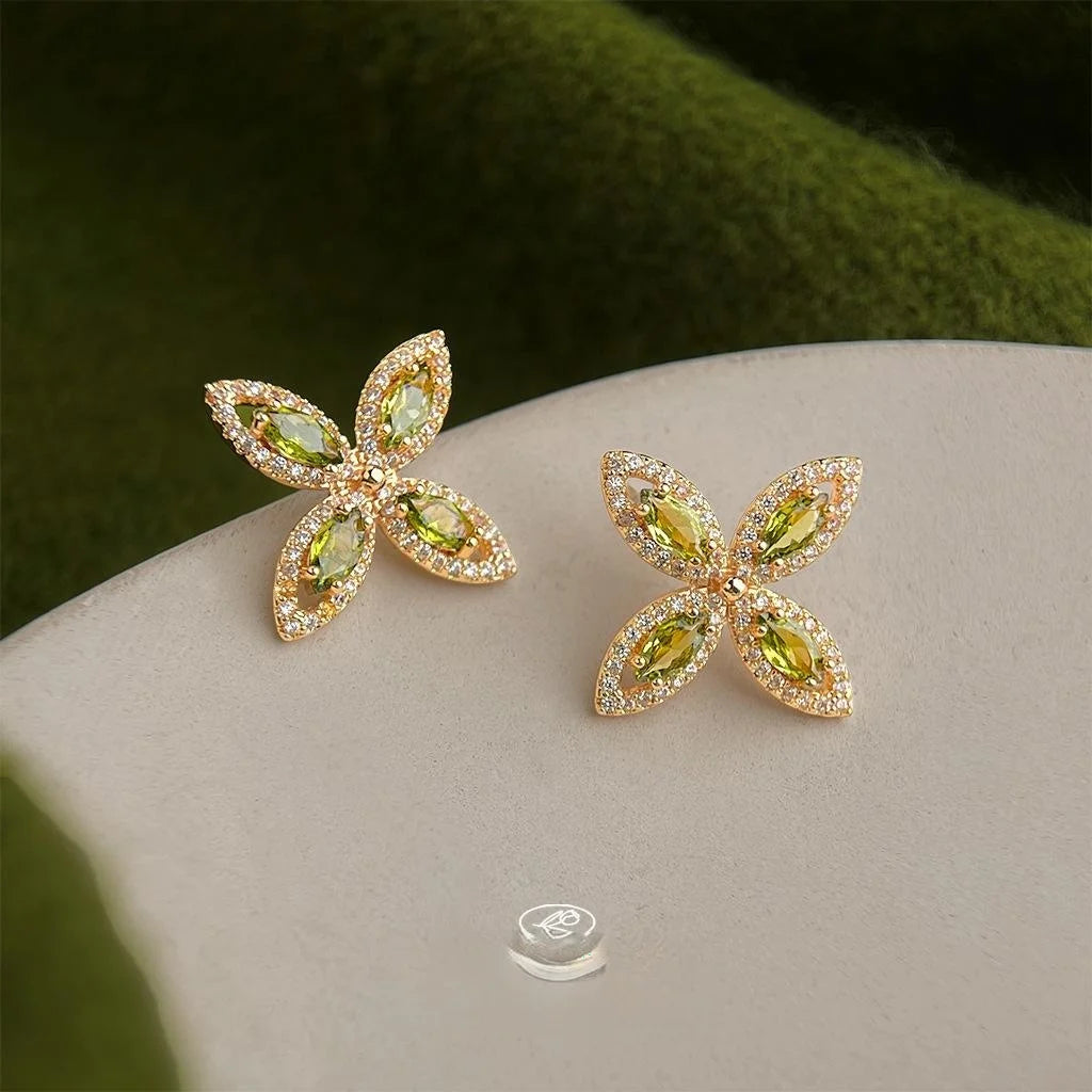 Light Luxury Olive Green Micro Pave Zircon Geometric Flower Drop Earrings For Women
