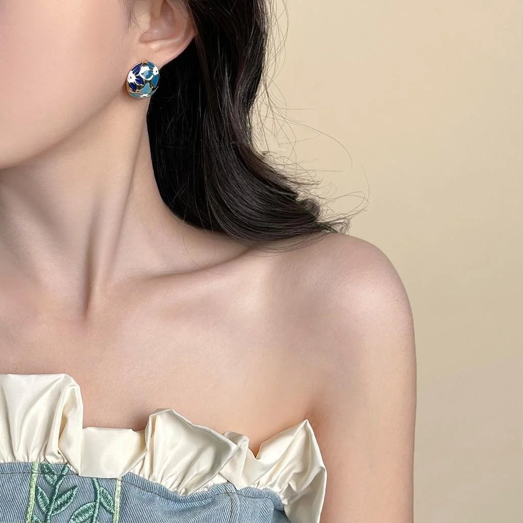Elegant Summer Gradient Blue Floral Enamel Copper Stud Earrings