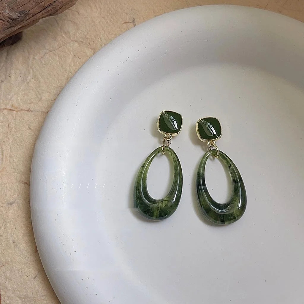 Vintage Green Gradient Acrylic Oval Drop Earrings With Silver Plated Pins