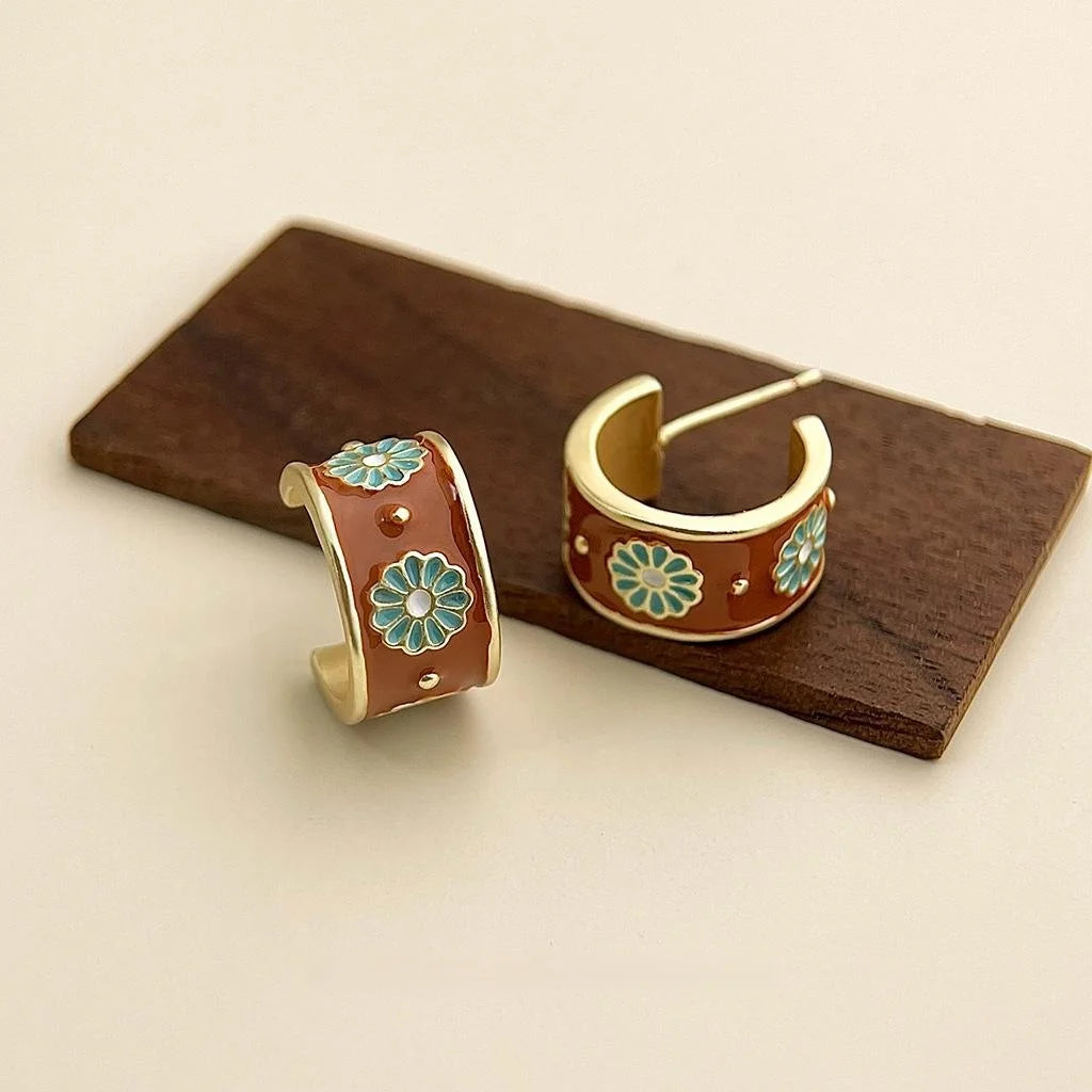 Vintage French Brown Enamel Glazed Geometric Round Copper Stud Earrings