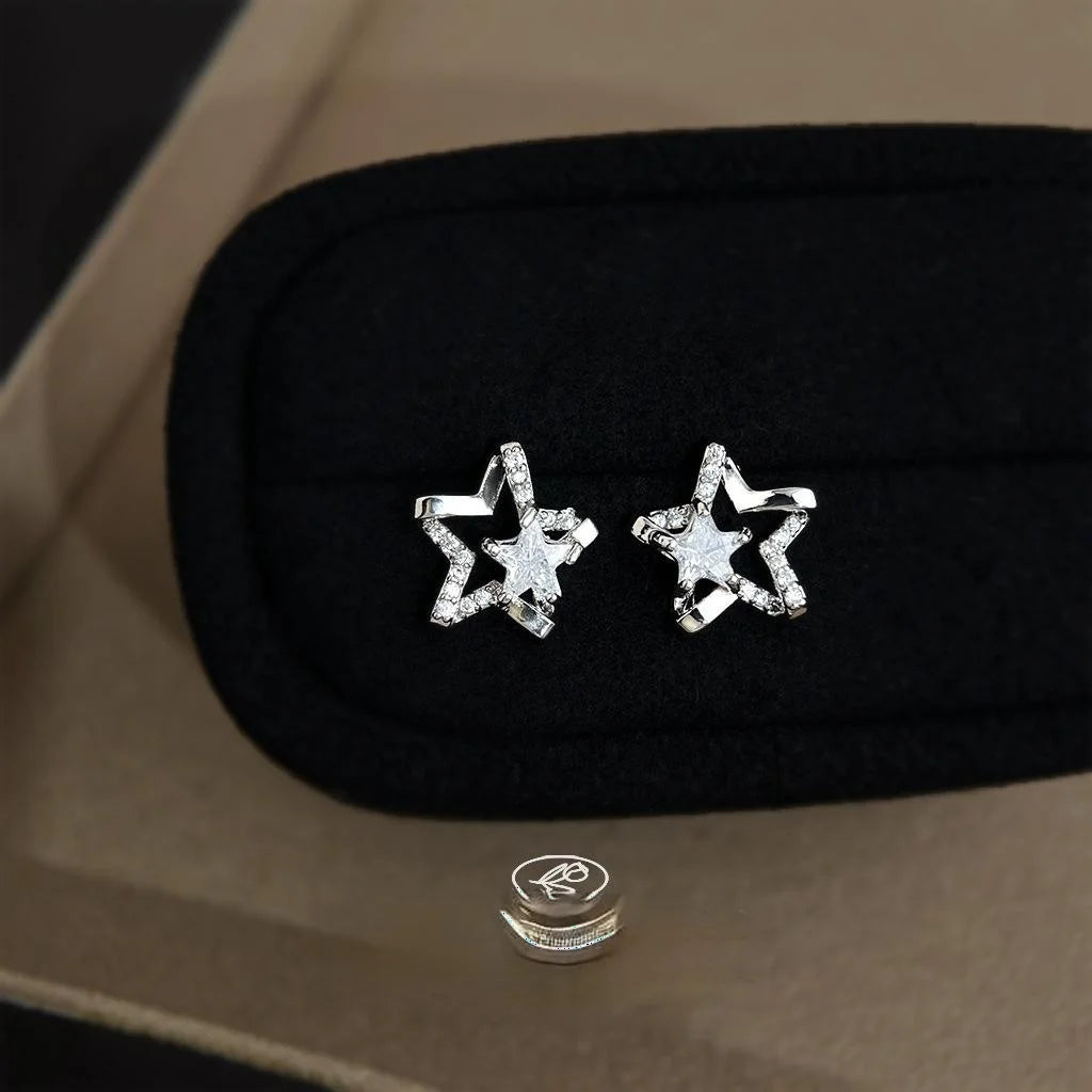 Sweet Cool Star Zircon Micro Pave Copper Stud Earrings Silver Plated Minimalist Jewelry