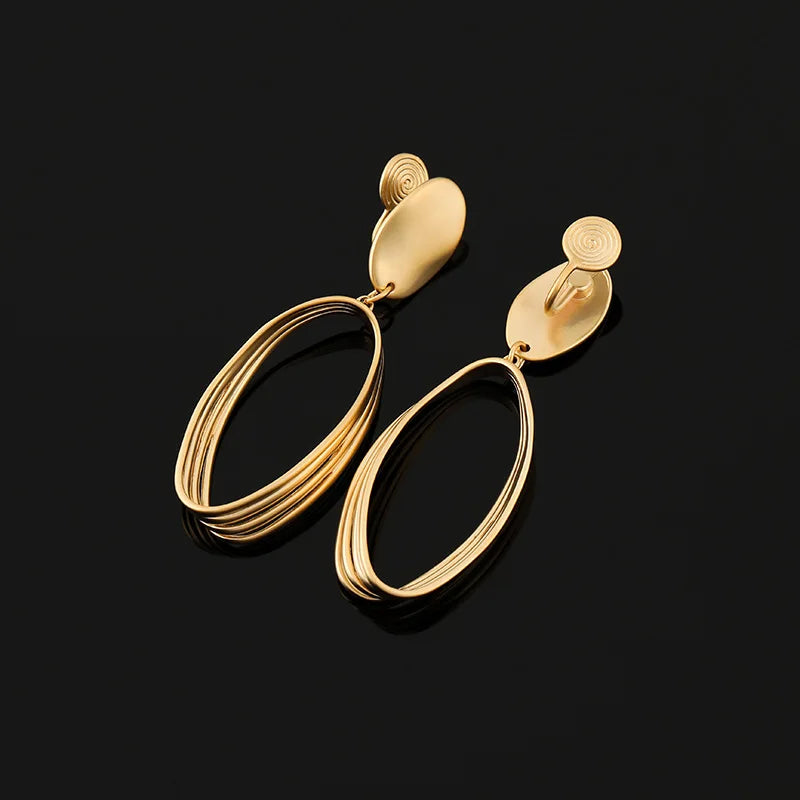 Elegant Matte Gold Alloy Oval Spiral Hoop Drop Stud & Clip On No Piercing Statement Earrings